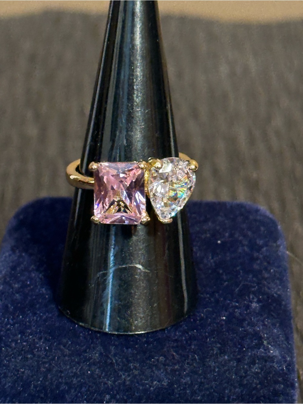 Gold-Plate Ring with Pink Square and Clear Heart Stones